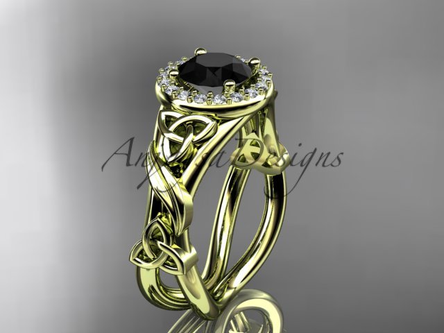 14k yellow gold diamond celtic trinity knot engagement ring with a Black Diamond center stone CT7302