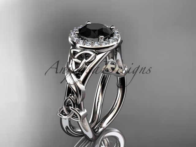 Platinum diamond celtic trinity knot engagement ring with a Black Diamond center stone CT7302