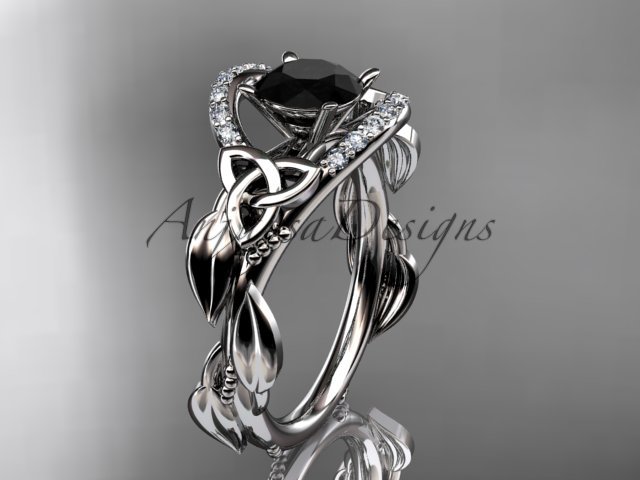 14kt white gold diamond celtic trinity knot engagement ring with a Black Diamond center stone CT7326