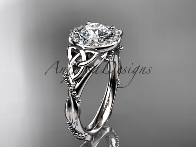 14kt white gold diamond celtic trinity knot engagement ring with a Moissanite center stone CT7328