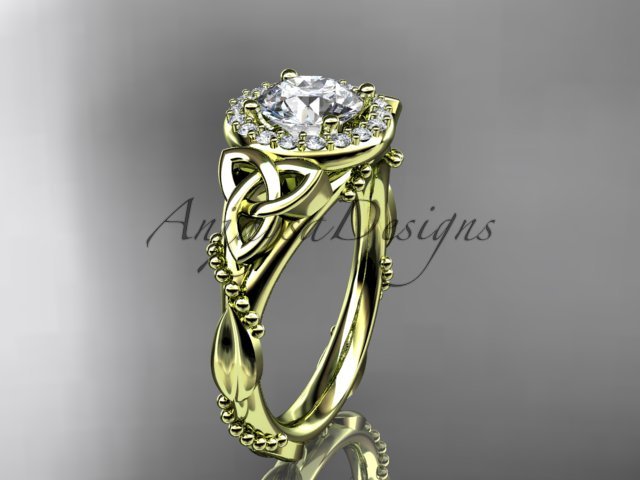 14kt yellow gold diamond celtic trinity knot engagement ring with a Moissanite center stone CT7328