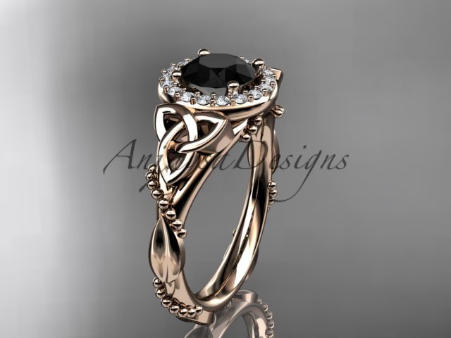 14kt rose gold diamond celtic trinity knot engagement ring with a Black Diamond center stone CT7328