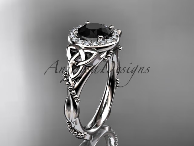 Platinum diamond celtic trinity knot engagement ring with a Black Diamond center stone CT7328