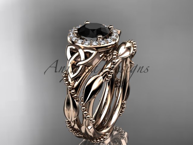 14kt rose gold diamond celtic trinity knot engagement set with a Black Diamond center stone CT7328S