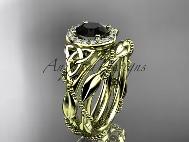 14k yellow gold diamond celtic trinity knot engagement set with a Black Diamond center stone CT7328S