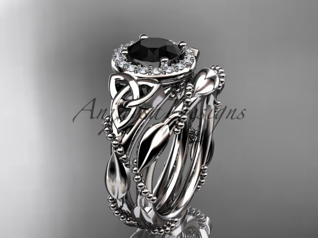 Platinum diamond celtic trinity knot engagement set with a Black Diamond center stone CT7328S