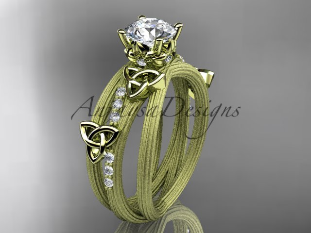 14kt yellow gold diamond celtic trinity knot engagement ring with a Moissanite center stone CT7329