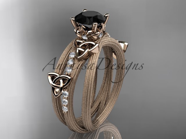 14kt rose gold diamond celtic trinity knot engagement ring with a Black Diamond center stone CT7329