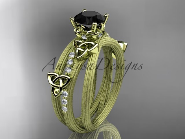 14k yellow gold diamond celtic trinity knot engagement ring with a Black Diamond center stone CT7329