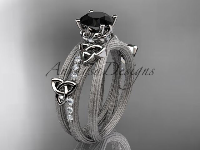 Platinum diamond celtic trinity knot engagement ring with a Black Diamond center stone CT7329