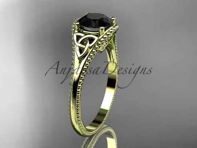 14kt yellow gold celtic trinity knot engagement ring with a Black Diamond center stone CT7375