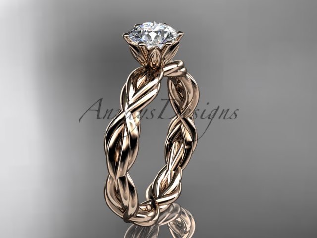 14kt rose gold rope engagement ring with a "Forever One" Moissanite center stone RP8101