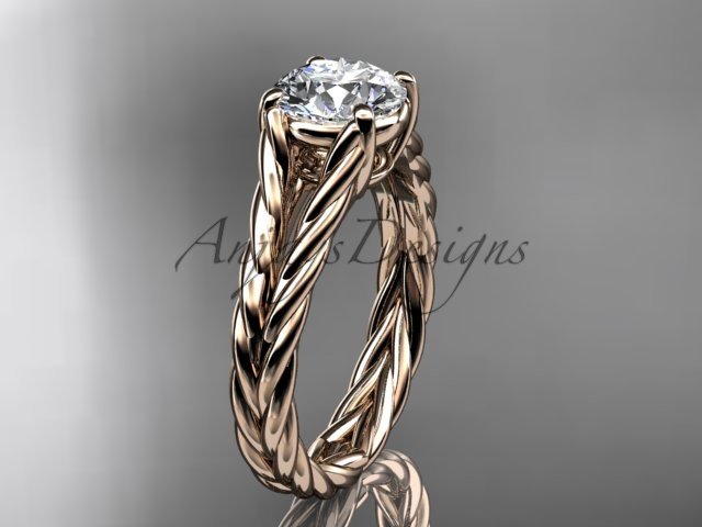 14kt rose gold twisted rope engagement ring with a "Forever One" Moissanite center stone RP8108