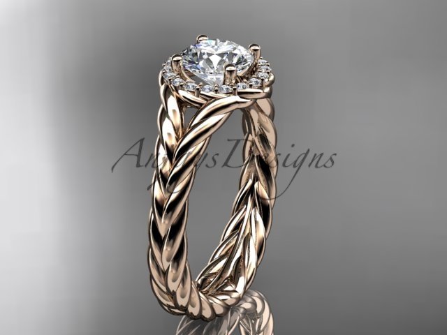 14kt rose gold halo rope diamond engagement ring "Forever One" Moissanite center stone RP8380