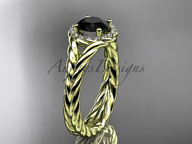 14kt yellow gold halo rope diamond engagement ring Black Diamond center stone RP8380