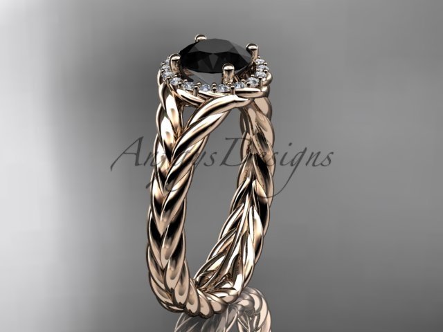 14kt rose gold halo rope diamond engagement ring Black Diamond center stone RP8380