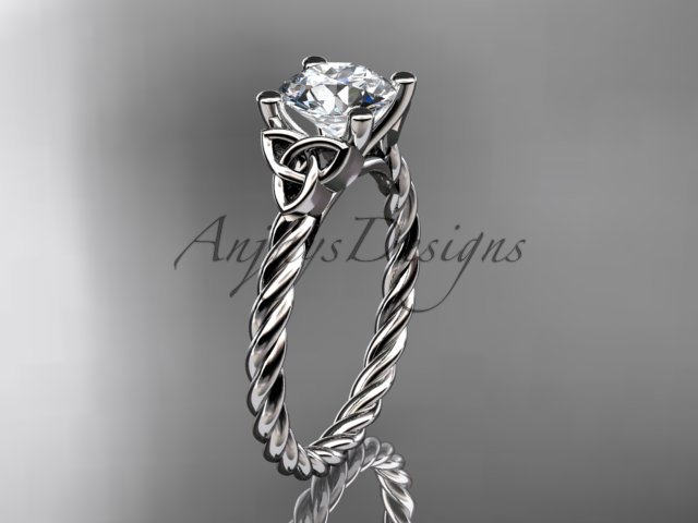 14kt white gold rope triquetra celtic engagement ring with a Moissanite center stone RPCT9116
