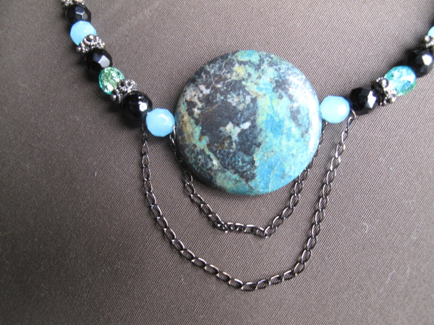 Fancy Jasper pendant with blue, green & black beaded necklace