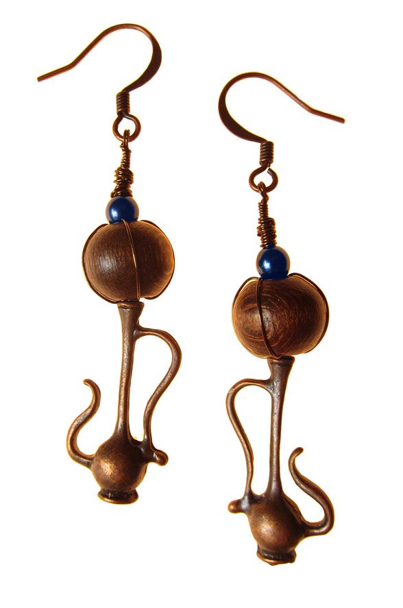 Genie Bottle Earring with Brown Bead (+blue pearl bead)