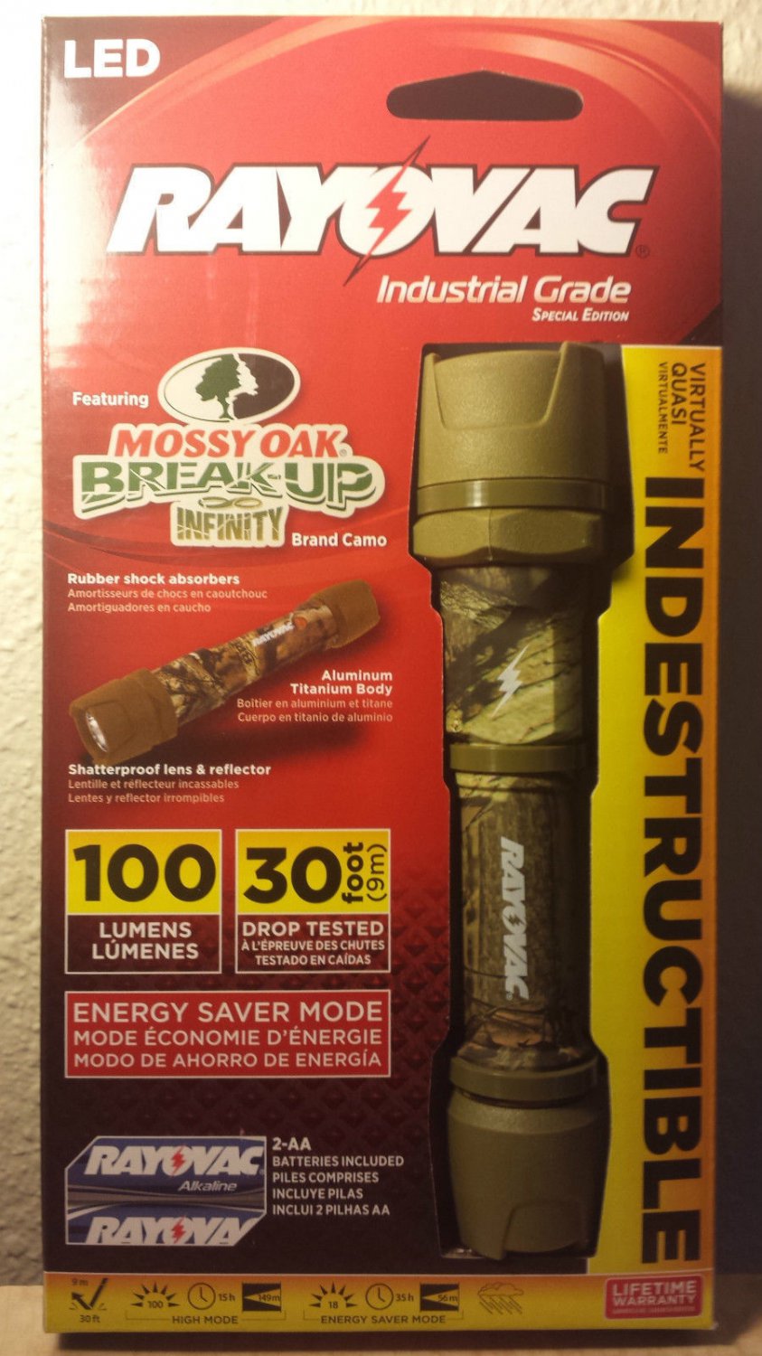 RAYOVAC LED FLASHLIGHT 100 LUMEN INDESTRUCTIBLE MOSSY OAK CAMO DIY2AACAMO-B