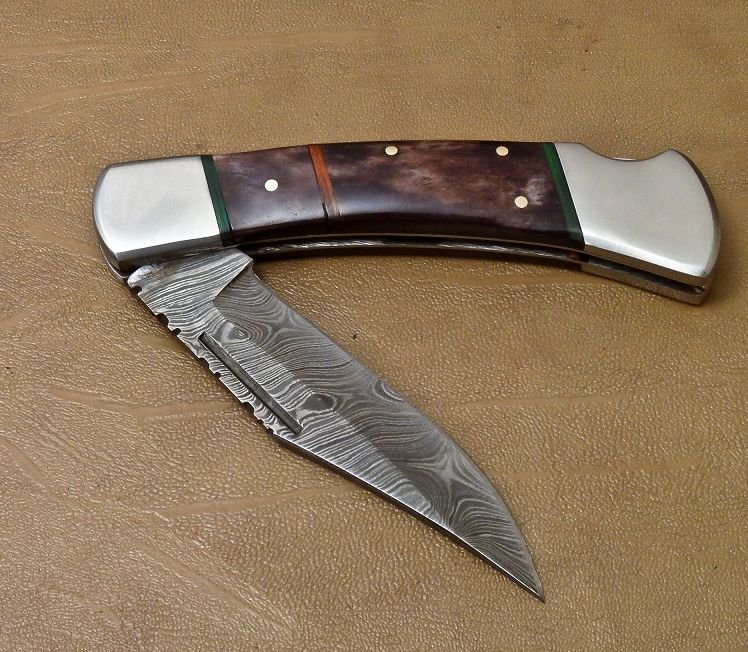 HAND MADE DAMASCUS STEEL POCKET FOLDING KNIFE LOCK BACK 9" length AZ085