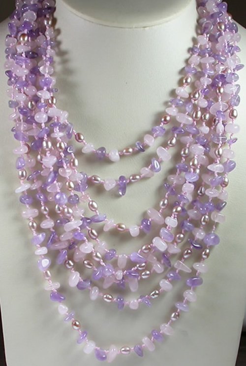 8 Strand Purple Amethyst Pink Rose Quartz Amethyst Necklace