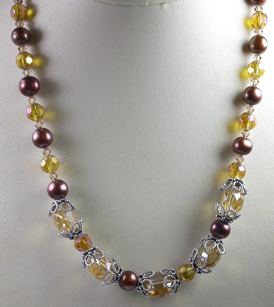 Brown Pearl and Gold Crystal Necklace and Earrings Set