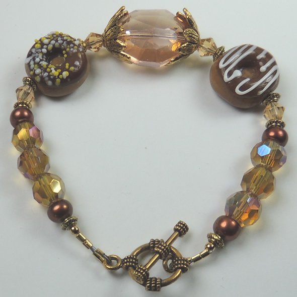 Donut Brown Lampwork Bracelet with Gold Crystal and Brown Pearls