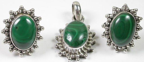 Green Malachite Pendant and Earrings Set in Sterling Silver