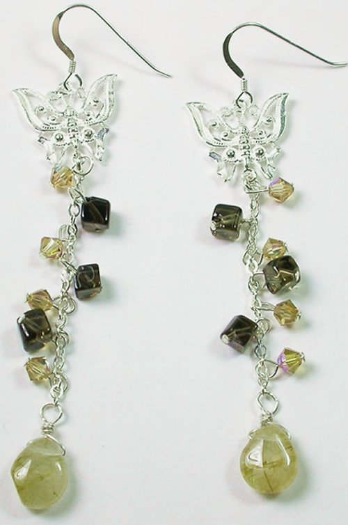 Gold Rutilated and Brown Smoky Quartz Earrings with Butterflies in Sterling Silver
