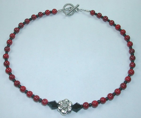 handcrafted Silver Flower Bead and Red Crystal Anklet