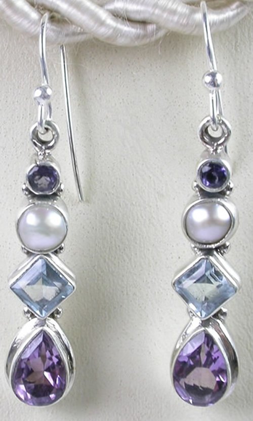 Blue Purple Multigem Earrings in Sterling Silver