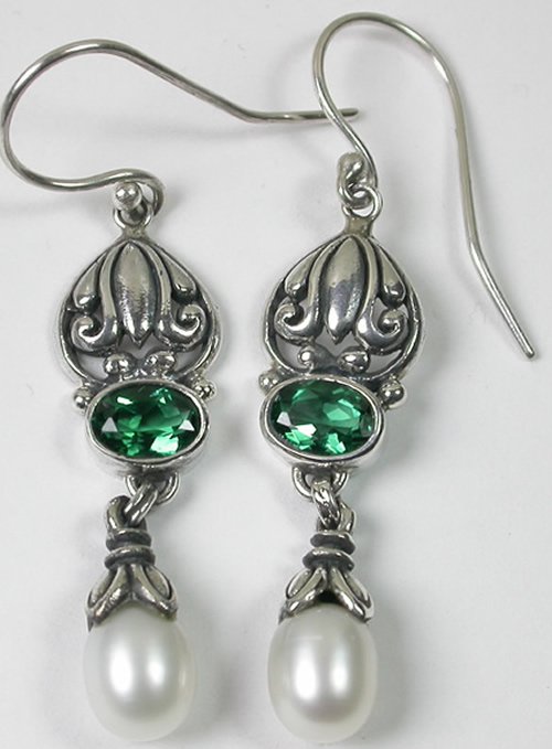Green Quartz & White Pearl Earrings Sterling Silver
