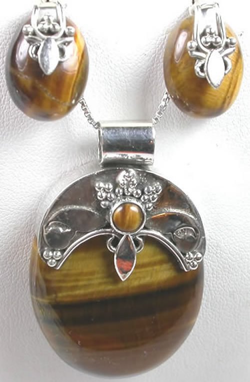 Brown Tigers Eye Pendant and Earrings Set in Sterling Silver