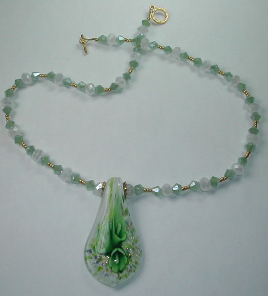 Green & White Floral Lampwork Pendant on Crystal and Bead Necklace