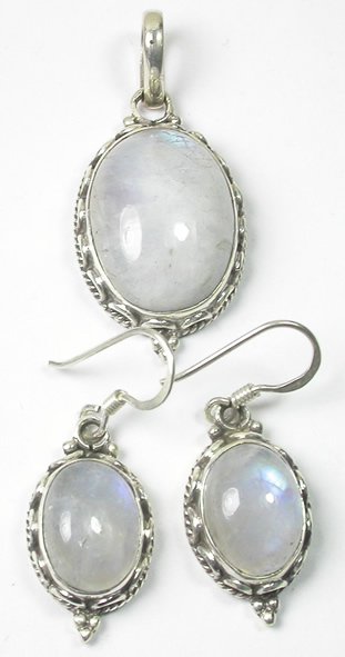 White Moonstone Pendant and Earrings Set in Sterling Silver