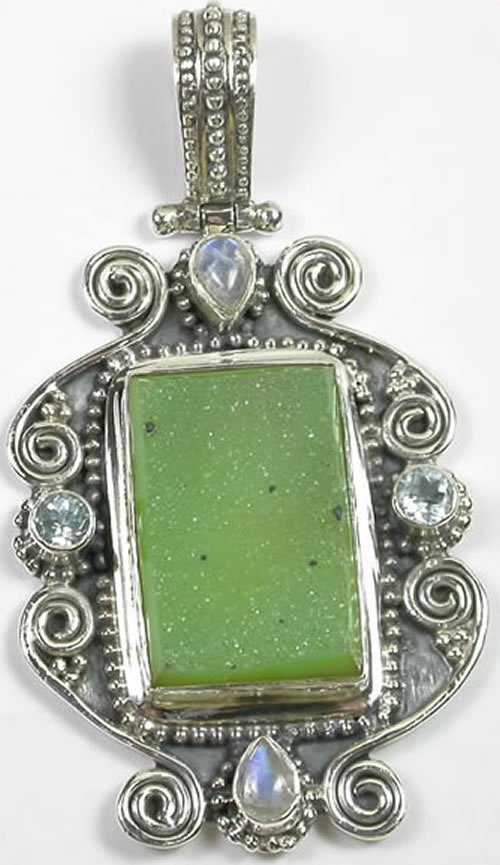 Green Druzy Pendant with Moonstone in Sterling Silver