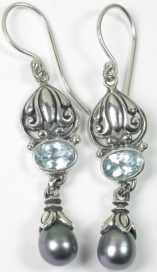 Bali Blue Topaz & Grey Pearl Dangle Earrings in Sterling Silver