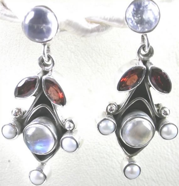 Moonstone and Red Garnet Earrings in Sterling Silver