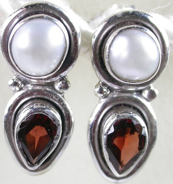Red Garnet and White Pearl Earrings in Sterling Silver