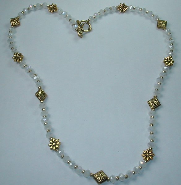 handcrafted White Crystal Necklace with Gold Tone Flowers