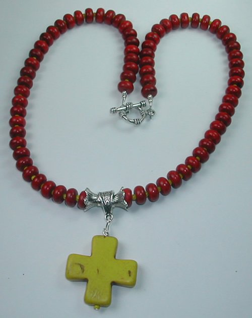 handcrafted Red Howlite Necklace with Yellow Howlite Cross