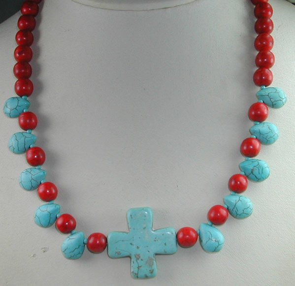 handcrafted Turquose and Red Howlite and Turquoise Cross Necklace