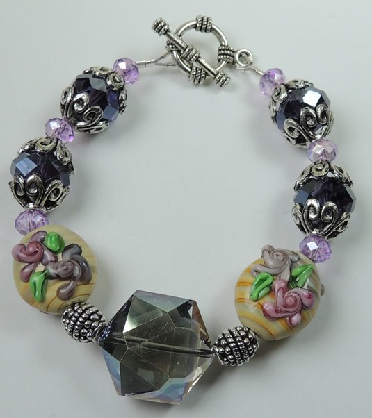 handcrafted Pink Green & Beige Lampwork Floral Bracelet
