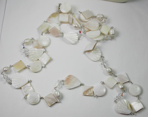 Long White Pearl Clear Crystal and Mother of Pearl Necklace in Sterling Silver