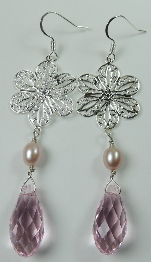 handcrafted Silver Plated Flower Earrings with Pink Pearls and Pink Crystal