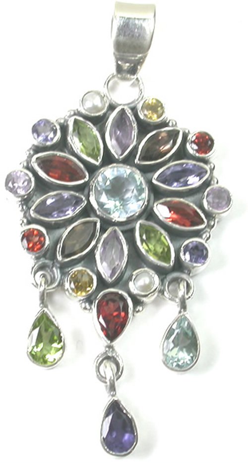 Green purple Multigem Pendant in Sterling Silver