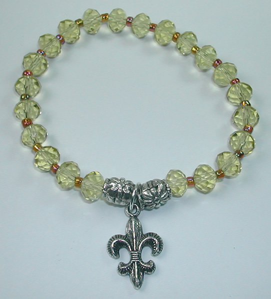 handcrafted Yellow Crystal Stretch Bracelet with Silver Plated Fleur de Lis