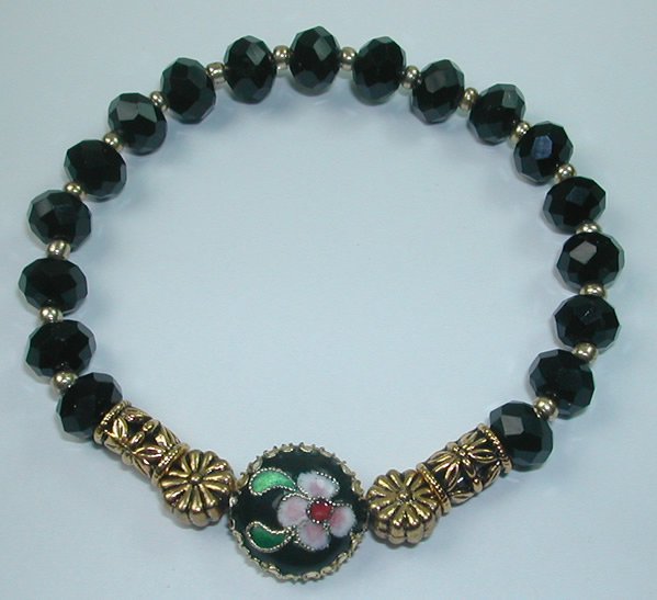 handcrafted Black Crystal Stretch Bracelet with Floral Black and Pink Cloisonne Flower