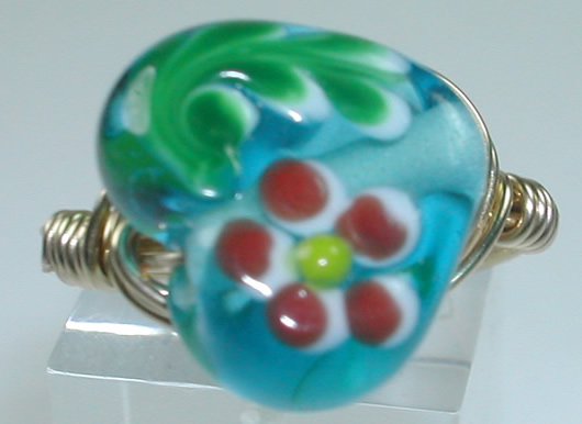 handcrafted Gold Colored Wire Wrapped Turquoise Lampwork Heart Floral Ring